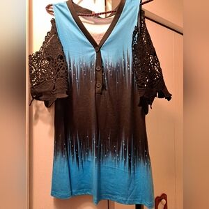 Blue and Black Sexy Women's Top with Black Lace Sleeves